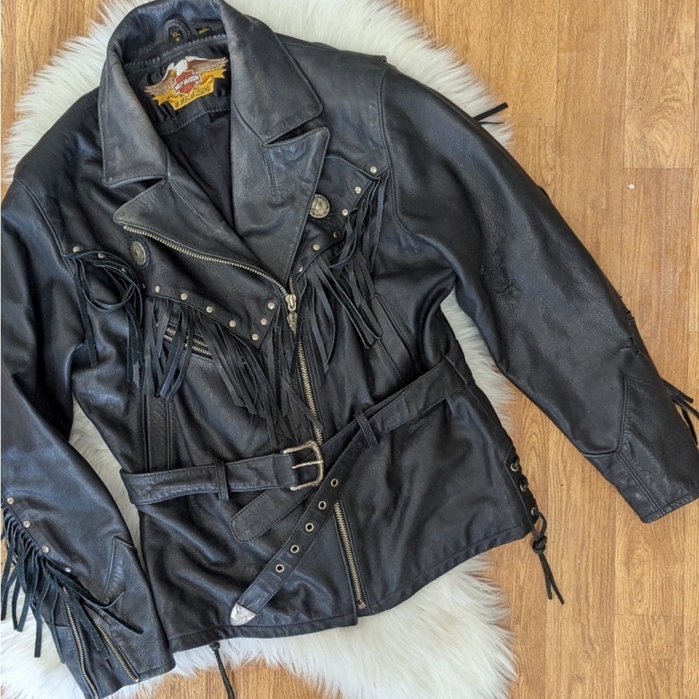 Harley-Davidson Black Leather Jacket with Studs and Fringe